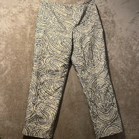 Talbots Pants Womens 10 Linen Tan Black Embroidered Design Cropped Ankle High - Picture 1 of 8